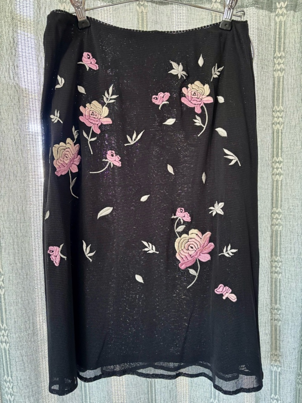 1996 Vivienne Tam Black Mesh Skirt w Floral Embroidery